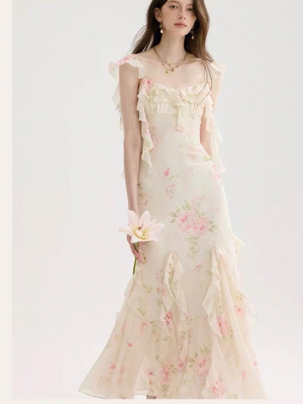 Cream Floral Maxi Dress with Ruffles
